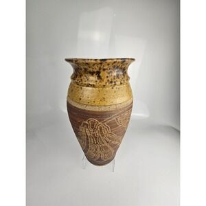 Signed 1977 Studio Pottery Sgraffito Vase Stoneware Art Pottery